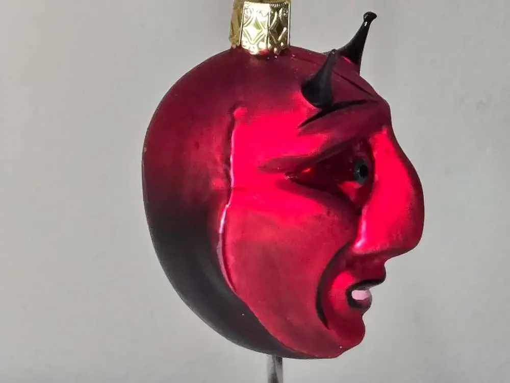 Inge Glas Red Krampus Devil Head Glass Christmas Ornament with Horns